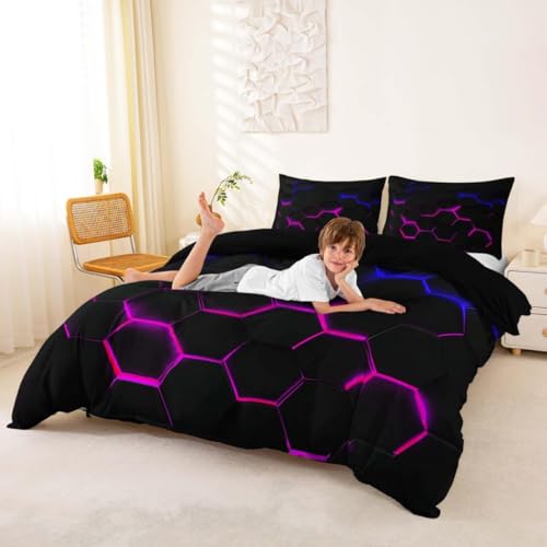 3D Honeycomb Duvet Cover Set King Size,Hexagon Theme with Pink Blue Neon Lights Comforter Cover,Boys Teen Man Chic Creative Home Bedding Quilt Cover 3 Piece with 2 Pillowcases,Black - color: Multi 01, size: King 104"x90"