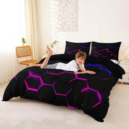 3D Honeycomb Duvet Cover Set King Size,Hexagon Theme with Pink Blue Neon Lights Comforter Cover,Boys Teen Man Chic Creative Home Bedding Quilt Cover 3 Piece with 2 Pillowcases,Black - color: Multi 01, size: King 104"x90"