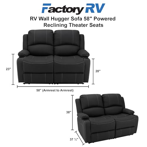 Camper Comfort 58" Wall Hugger Reclining RV Theater Seats | Double Recliner RV Sofa | RV Couch | Wall Hugger Recliner | RV Theater Seating | RV Furniture (Powered, Black w/White Stiching) - color: Black W/ White Stiching, style: Powered