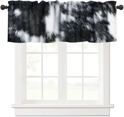 Cowhide Curtain Valance, Cute Animals Skin Cow Fur Rustic Western Farm Black White Cowhide Print Blackout Window Valance for Kitchen Bedroom Living Room, 54x18inch - color: Cowhide-4