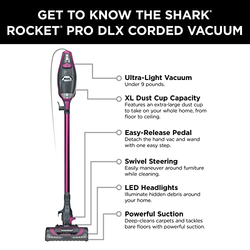Shark HV371 Rocket Pro DLX Corded Stick, Removable Hand Vacuum, Advanced Swivel Steering, XL Cup, Crevice Tool, Upholstery Tool & Anti-Allergen Dust Brush, Fuchsia, Capacity - color: Fuchsia