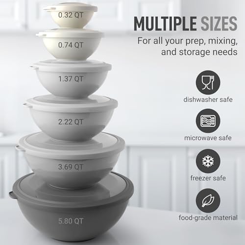 Zulay Kitchen 12 Piece Plastic Nesting Mixing Bowls with Lids - Colorful Microwave & Freezer Safe Gray Ombre Set - color: Graphite Gray