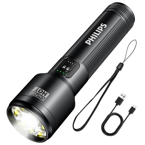 PHILIPS SFL2154 Rechargeable EDC Tactical Flashlight, 3500 High Lumens Aluminium Portable Pocket Light with 15 Modes, Triple Light Sources for Outdoor, Emergency and Work Applications (Black) - color: SFL2154