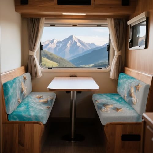 Beach Starfish Seashell Print RV Dinette Cushion Covers Wear-Resistan Camper Cushion Slipcover Fuzzy Flannel 2 Seat Sofa Chair Cover 1 Backrest Covers and 1 Bench Covers - color: Beach Starfish Seashell