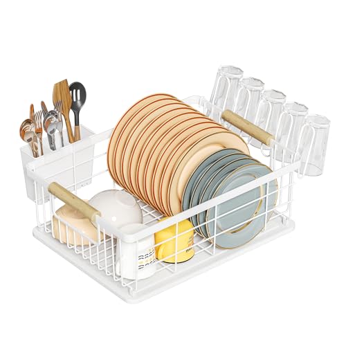Dish Drying Rack White with Diatomaceous Earth 1 Tier,Multifunctional Dish Racks for Kitchen Counter Quick-Drying,Large Capacity Space Saving with Cutlery Cups Holder - color: White, size: 1 Tier