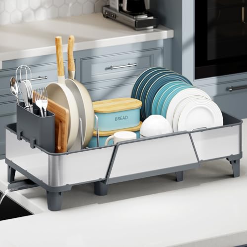 Urackify Large Dish Drying Rack - Triple Expandable Dish Rack for Kitchen Counter, Stainless Steel Sink Organization and Storage Essentials with Utensil & Pans Holder for Home and Appartment, Gray - color: Gray