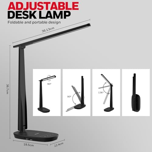 Honeywell HWT-H2 LED Desk Lamp for Home Office, CRI94 Full Spectrum Eye-Caring Light, Dimmable Table Lamp with USB-A & USB-C Charging Ports, Foldable Touch Control Reading Lamp, Black - color: Black