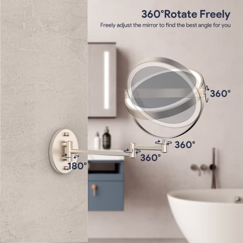 Rocollos Rechargeable Wall Mounted Lighted Makeup Mirror, 8 Inch Double-Sided LED Vanity Mirror 1X/10X Magnification,3 Color Lights Touch Screen Dimmable 360°Swivel 13 Inch Extendable - color: 8 Inch Nickel