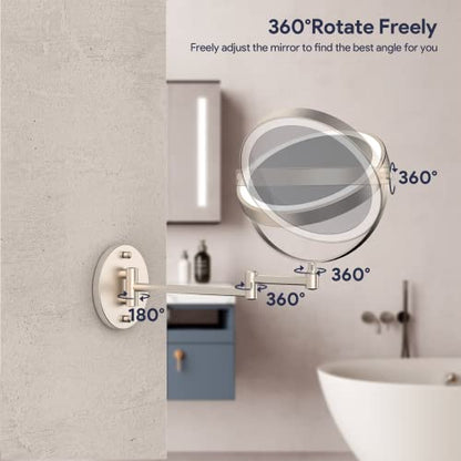 Rocollos Rechargeable Wall Mounted Lighted Makeup Mirror, 8 Inch Double-Sided LED Vanity Mirror 1X/10X Magnification,3 Color Lights Touch Screen Dimmable 360°Swivel 13 Inch Extendable - color: 8 Inch Nickel