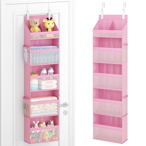 Lifewit Baby Over the Door Hanging Organiser, Hanging Shelves with Transparent Pockets for Stuffed Toys for Children's Room, Baby Items in the Pantry, Bedroom, Wardrobe, (Pink, 5 Tier) - color: Pink, size: 5 Tier