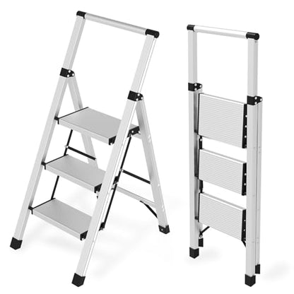 3 Step Ladder Aluminum Lightweight Folding Step Stool, 600lbs Max Load Heavy Duty Step Stool with Safety Handrail, Slim Foldable Kitchen Stool with Anti-Slip Pedal for Home Sliver，3 Steps - size: 3 steps
