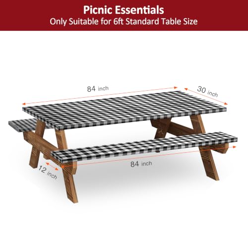 7ft Picnic Table and Bench Cover, Camping Essentials RV Gear, 84 in Waterproof Windproof Outdoor Elastic All Around Tablecloth, Fitted Rectangle Tables and Seats, Black-White Checkered - color: Black-white Checkered, size: 84"