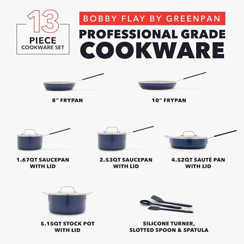 GreenPan x Bobby Flay 13 Piece Nonstick Cookware Pots and Pans Set, PFAS-Free Diamond Ceramic, Induction Suitable, Easy Clean Dishwasher & Oven Safe, Stay-Cool Silicone Handles, Glass Lids, Navy Blue - color: Navy Blue
