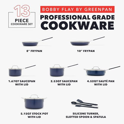 GreenPan x Bobby Flay 13 Piece Nonstick Cookware Pots and Pans Set, PFAS-Free Diamond Ceramic, Induction Suitable, Easy Clean Dishwasher & Oven Safe, Stay-Cool Silicone Handles, Glass Lids, Navy Blue - color: Navy Blue