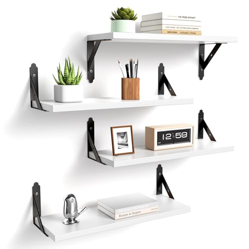 ROMGUAR CRAFT Wood Floating Shelves Set of 4, Rustic Storage Decor Wall Shelves, Wall Mounted Shelf for Living Room, Bedroom 17" x 6", White - color: White, size: 17" x 6"