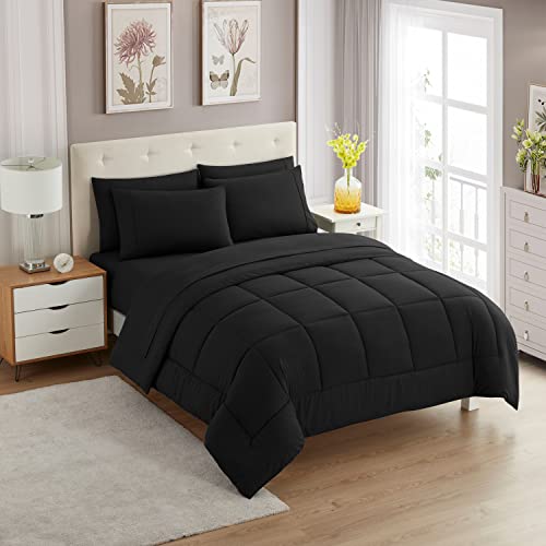 Sweet Home Collection 5 Piece Comforter Set Bag Solid Color All Season Soft Down Alternative Blanket & Luxurious Microfiber Bed Sheets, Black, Twin XL - color: Black, size: Twin XL
