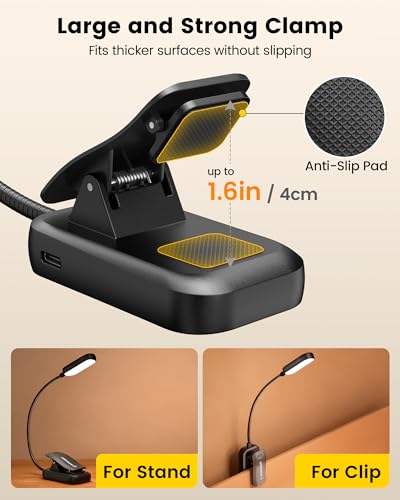 Glocusent 20 LED Reading Lights for Books in Bed, Eye Caring Reading Light, 5 Colors & 5 Brightness 3–100LM Dimmable, 1200mAh Rechargeable Book Light to 90H, Lightweight Clip on Light for Book Lovers - color: Black