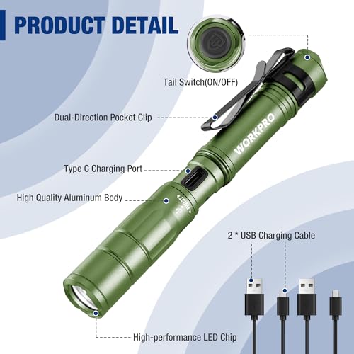 WORKPRO Rechargeable Pen Light, Mini Flashlight, 2 Pack Ultra-Compact EDC Flashlight, Pocket Flashlight with Clip, Memory Function and 2 x USB C Cable Included, Green - color: Green