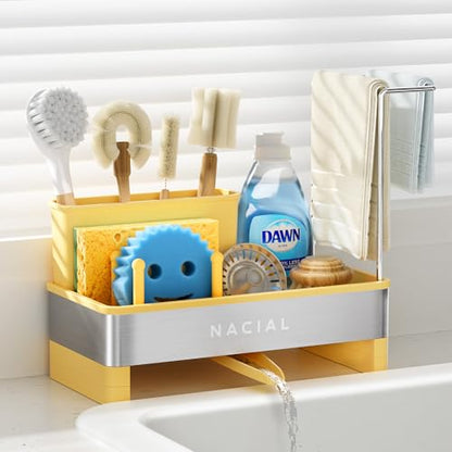Nacial Sponge Holder for Kitchen Sink, Sink Caddy Organizer with High Brush Holder & Two Towel Racks - Rustproof 304 Stainless Steel Kitchen Countertop Storage Essentials - Yellow - color: Lemonade Stand