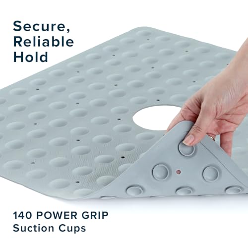 SlipX Solutions Square Natural Rubber Shower Stall Mat, 21” x 21”, Mildew Resistant, Non Slip Safety, Antimicrobial Product Protection, 140 Power Grip Suction Cups, Center Drain Hole, Gray - color: Gray