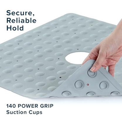 SlipX Solutions Square Natural Rubber Shower Stall Mat, 21” x 21”, Mildew Resistant, Non Slip Safety, Antimicrobial Product Protection, 140 Power Grip Suction Cups, Center Drain Hole, Gray - color: Gray