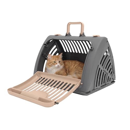 SportPet LARGE Hard-Sided Travel Cat Carrier - Cat Carrier with Patented Wide Side-Opening Door, Foldable Portable Pet Carrier with Removable Bed for Cats & Small Pets up to 25lbs - Gray/Tan - color: Large Carrier w/ Bed (Tan & Gray)