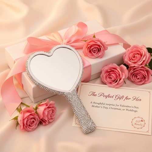 Rhinestone Handheld Mirror, Heart Shaped Hand Mirror Glitter Cosmetic Portable Cute Travel Makeup Lash for Women Wedding Silver White