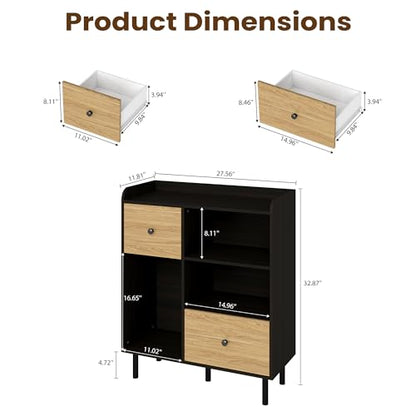Manora Narrow Small Coffee Bar Cabinet with Drawers, Wooden Mini Sideboard Buffet Cabinet with Storage, Compact Kitchen Island & Corner Island for Kitchen, Dining Room, Coffee Station, Black