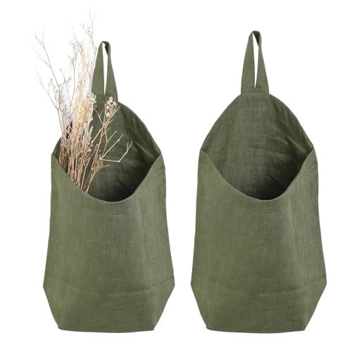 100% Linen Hanging Storage Bags Baskets 2 Pcs, Small Wall Storage Bag for Kitchen, Bedroom, RV Camper Organizer, Sewing Room, Nursery Storage, Kids Room, Army Green - color: Army Green