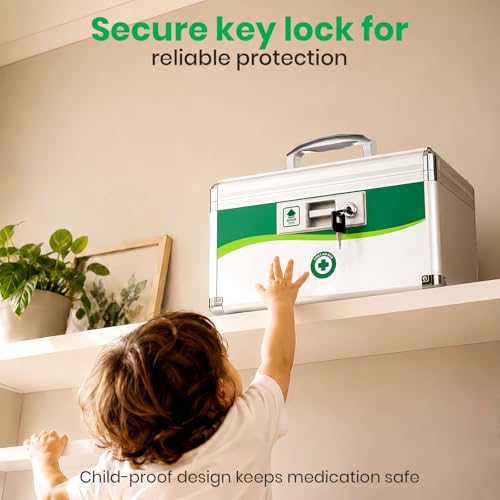 Medicine Lock Box with Keys, Small 12x7x7.7in, Aluminum Child-Safe Lock | Child-safe key lock, sturdy aluminum frame, anti-slip base, removable ABS tray, rust-proof handle, reinforced edges - size: Medium-12inch