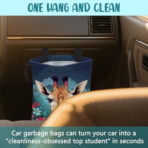 Car Garbage Bag Giraffe and Colorful Flowers Drawstring Car Trash Bag Hanging for Back Seat with Adjustable Buckle Canvas Vehicle Trash Can Easy-to-Install - color: Giraffe and Colorful Flowers