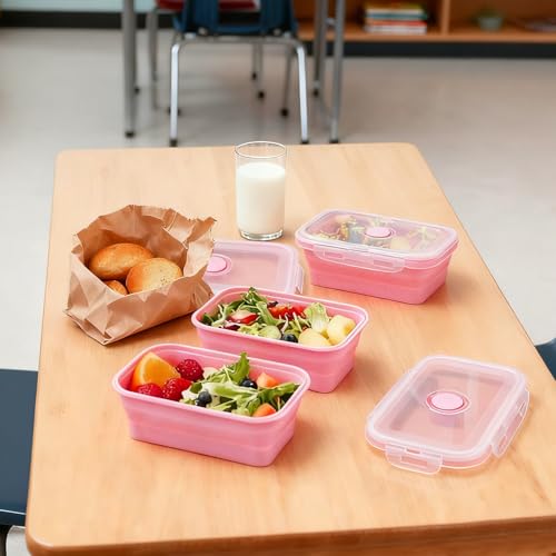 Collapsible Silicone Food Storage Containers with Lids, 3 Pack Foldable Food Containers,Silicone Collapsible Bowls For Camping, Microwave Freezer Dishwasher Safe (Pink 350ml 500ml 800ml)
