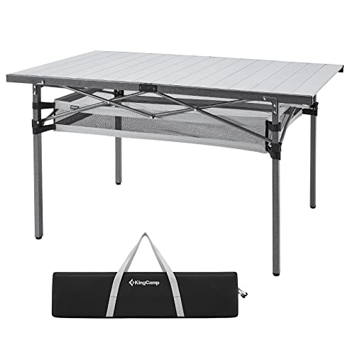 KingCamp Folding Camping Table, Aluminum Roll-Up Camp Table, Large Foldable Table for 6-8 Person, Outdoor Portable Tables with Carry Bag, 180 LBS Heavy Duty Load (Silver+Mesh：53.5" × 27.5") - color: Silver - 53.5"×27.6" - Mesh, style: Extra Large for 6-8