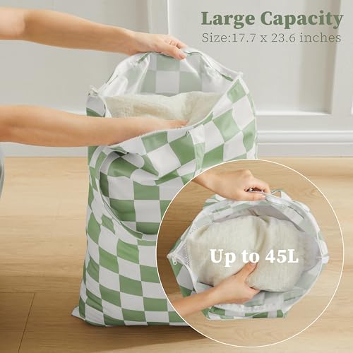 Ohocut Checkered 2 Pcs Large Travel Laundry Bags for Dirty Clothes, Aesthetic Trendy Waterproof Washable Laundry Bag with Handle for Travel, Gym, Swimming Pool Sage Green - color: Sage