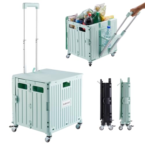 Folding Utility Cart Portable Rolling Crate Handcart Shopping Trolley Collapsible Tool Box, with Lid, on 4 Rotate Wheels, for Grocery, Shopping, Office, Camp, Teacher (Green) - color: Green