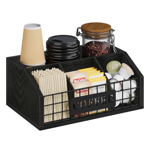 YINMIT Coffee Station Organizer for Countertop, Wood Coffee Bar Organizer with Removable Dividers for Pods, Syrup, Cups, Stirrer, Tea - Office Bar Accessories, Iron Wire-Black - color: Iron Wire-Black, size: 1 Tier