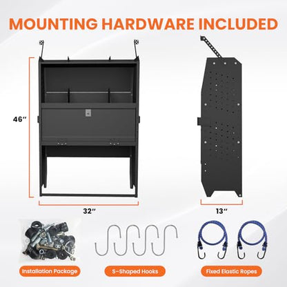 Adjustable Cargo Van Shelving with Lockable Door and Hooks, Heavy Duty Steel Storage 32" W x 46" H x 13" D, Fits Transit, ProMaster, Chevy Express, GMC Savana, Sprinter, Low/Mid/High Roof - size: 32" W x 46" H x 13" D