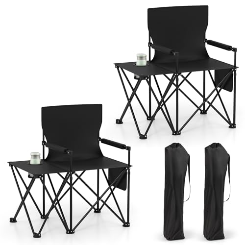 Goplus Oversized Camping Chair with Side Table, Folding Heavy-Duty Picnic Chair w/ 2 Storage Pockets, Cup Holder, Padded Armrests, Carrying Bag, Portable Outdoor Chair for Fishing RV Trip (Black,2) - color: Black