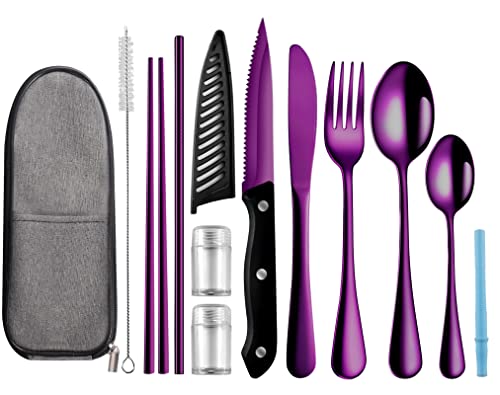 Logcow Travel Utensils Set with Case, 10-Piece Reusable Stainless Steel Camping Cutlery, Portable Fork Spoon Knife Chopsticks & Straw for Work, Lunch, Picnic (Purple) - color: Purple