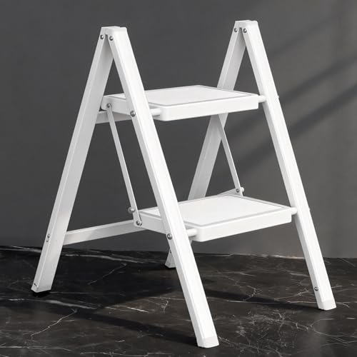 DIAMONDFORGE 2 Step Ladder, Folding Step Stool with Anti‑Slip Wide Pedal & Soft Grip Handle, Sturdy Steel Ladder with 330 lbs Capacity, Non‑Slip Feet for Home, Kitchen & Office, White - color: White, size: 2 Step