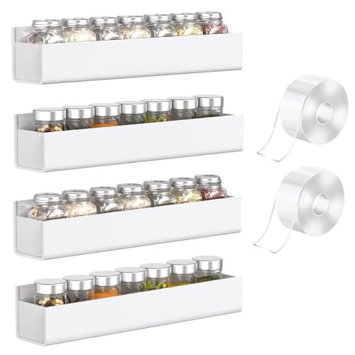 PMMASTO Adhesive Acrylic Spice Rack Organizer for Wall with Nano Double Sided Tape, Spice Shelf Organization for Kitchen Cabinet Door/Pantry Door, Wall Mount Seasoning Rack (White - 4 Pack) - color: White, size: 4 Pack-12" (Rack Only)