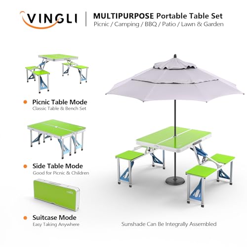 VINGLI 4Ft Portable Folding Picnic Table Camping Table Foldable Set with 4 Seats with Umbrella Hole Suitcase Card Table-220 Lbs Support Aluminum Frame, Plastic RV Tabletop for Yard, Travel-Black - color: Green