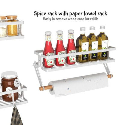3 Pack Spice Rack Wall Mount, White | Paper Towel Holder and Hooks, Screw or Adhesive Hanging, Space Saving, For Stove, Cabinet, Pantry - color: White