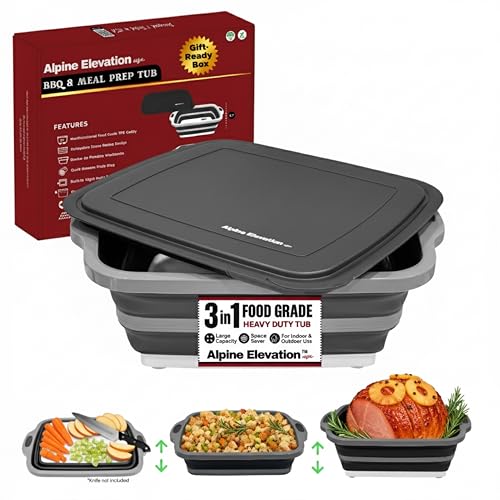Collapsible Large (8L) BBQ Marinating Tub w/ Cutting Board | Multipurpose Food-Grade TPE Prep Tub w/ Lid | Built-In Colander & Drain Plug - For Camping | Tailgate | Picnic - Slate Black - size: Large