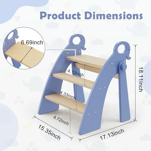 Wooden 3 Step Stool for Kids Bathroom Sink Foldable Anti-Slip, Child Stepping Stool for Bedroom - color: Blue Ele