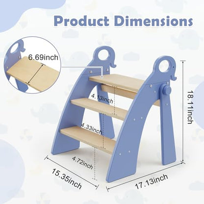 Wooden 3 Step Stool for Kids Bathroom Sink Foldable Anti-Slip, Child Stepping Stool for Bedroom - color: Blue Ele