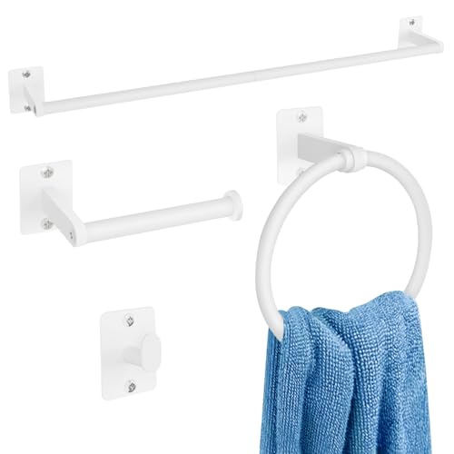 KLJKPA Bathroom Accessories Set, 4 Pieces White Bathroom Hardware Set, 24 inch Towel Bar, Towel Racks for Bathroom, Robe Towel Hooks, Toilet Paper Holder Wall Mounted - color: White (4 Piece), size: 24 inch