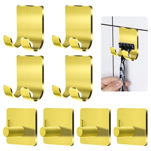 CGBE Razor Holder for Shower, 4 Packs Razor Holder and 4 Packs Shower Hooks, Self Adhesive Shaver Holder Hanger Hooks for Bathroom, Damage Free Wall Hooks for Razor Shaver Loofah Sponge - Gold - color: Gold, size: 8 Pack