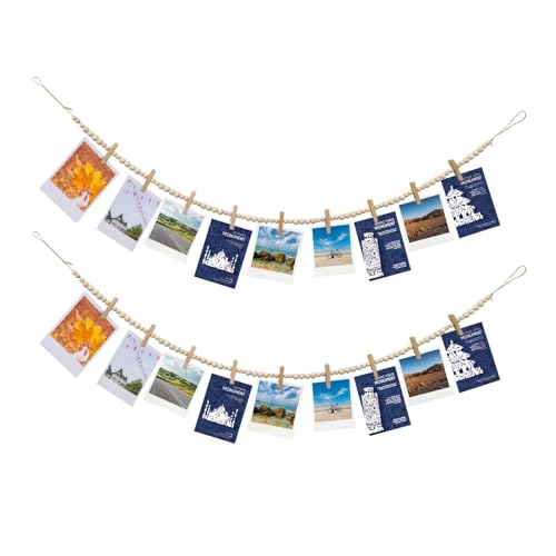 Hanging Photo Display with Clips - Wood Bead & Jute Rope Picture String with 9 Clips | Boho Photo Garland for Bedroom, Living Room Fall Decor | Wall Art Decor Hanging Display(2 PCS)