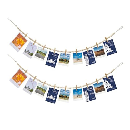 Hanging Photo Display with Clips - Wood Bead & Jute Rope Picture String with 9 Clips | Boho Photo Garland for Bedroom, Living Room Fall Decor | Wall Art Decor Hanging Display(2 PCS)